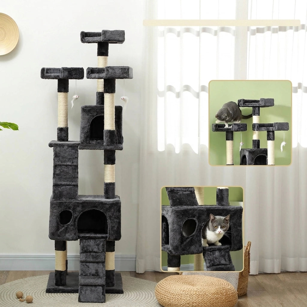 Albero Tiragraffi Multipiano con 2 Cucce e Scalette; 49x49x173 cm Grigio
