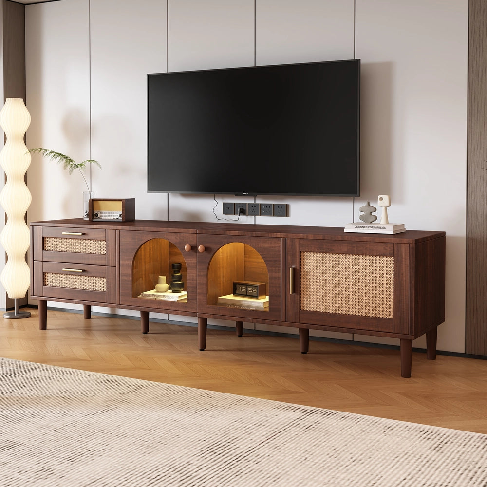Mobile TV Legno con LED ¨C Xylo ¨C Marrone, Ante in Vetro e Rattan, 2 Cassetti, 180 cm