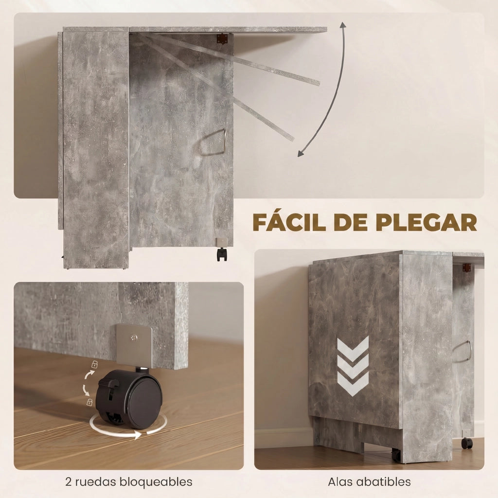 Tavolo da Cucina Pieghevole con Ruote e Ripiani ¨C Zephmum ¨C 75x140x74 cm Grigio Cemento