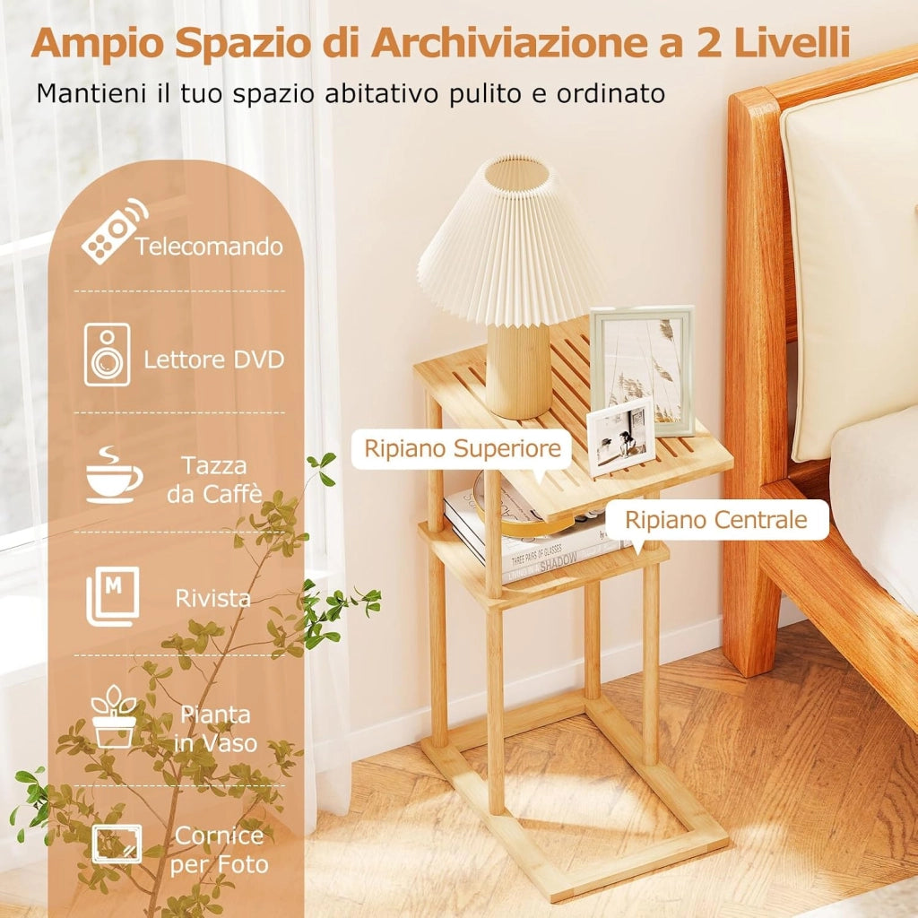 Set di 2 Tavolini Laterali, Tavolino Rettangolare con Ripiani Portaoggetti e Struttura in Bambù, Tavolo Basso da Divano e Letto per Salotto e Camera da Letto