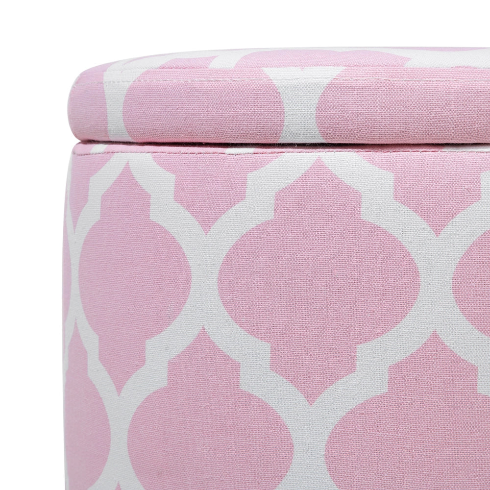 Poggiapiedi Sgabello Contenitore Rotondo a Quadrifogli Rosa e Bianco
