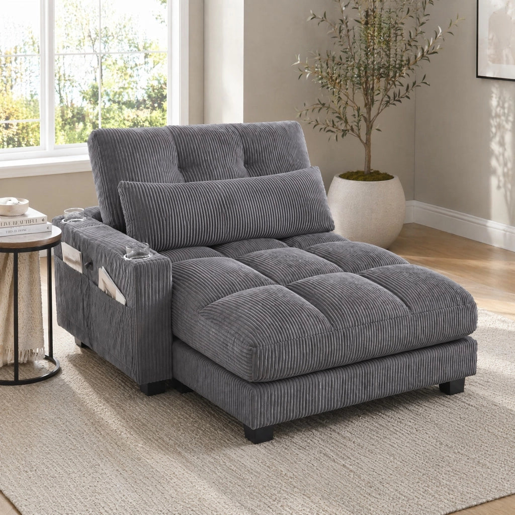 POLTRONA Relax 140x112x81 cm Tessuto a coste Grigio con portabicchieri e USB