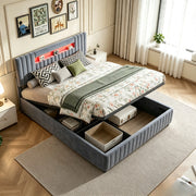 Letto matrimoniale contenitore 140x200 cm con testiera imbottita luce LED e rete a doghe struttura letto in velluto grigio