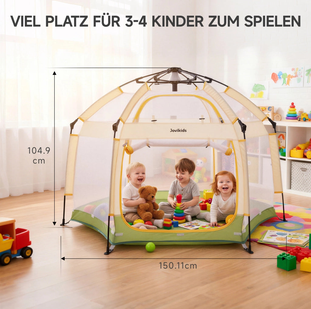 Box bambini pieghevole pop-up 150x150x105 cm con tettuccio parasole e borsa; verde e giallo