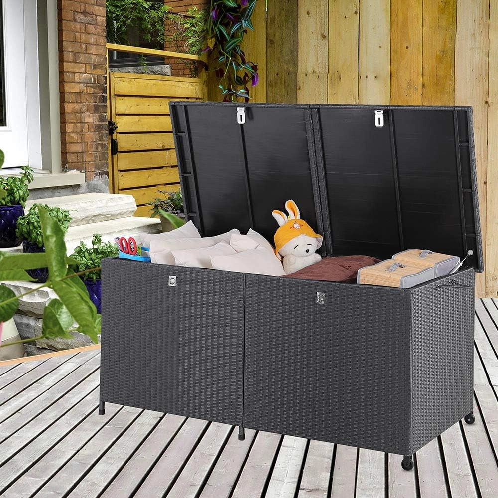 ® Baule da Giardino XXL 625L 150x77x73 cm Polyrattan con Ruote Impermeabile Fodera Interna Box Multifunzione