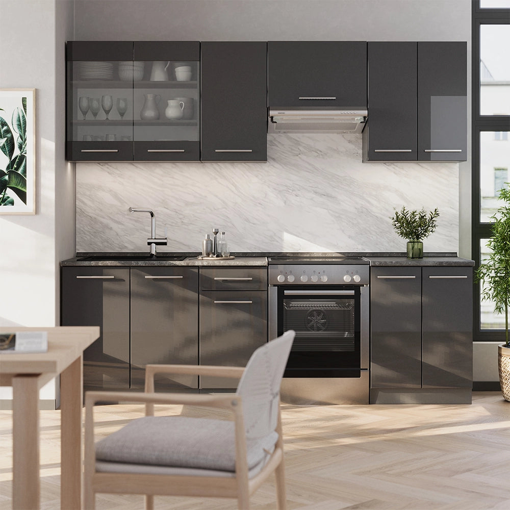 Cucina componibile Fame-Line Antracite lucido/Antracite 240 cm, PL Marmo Vicco