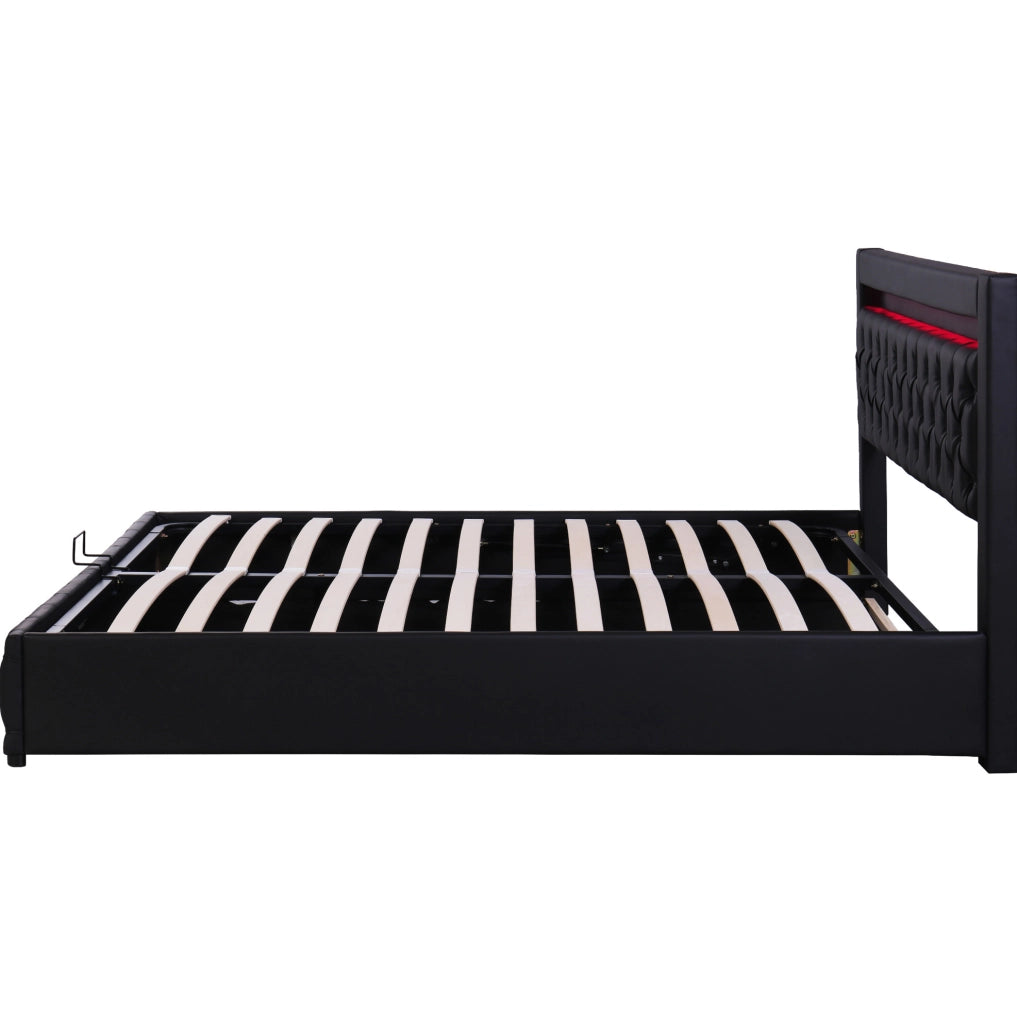 Letto matrimoniale 140x190 cm imbottito con contenitore; LED; rete a doghe; PU nero