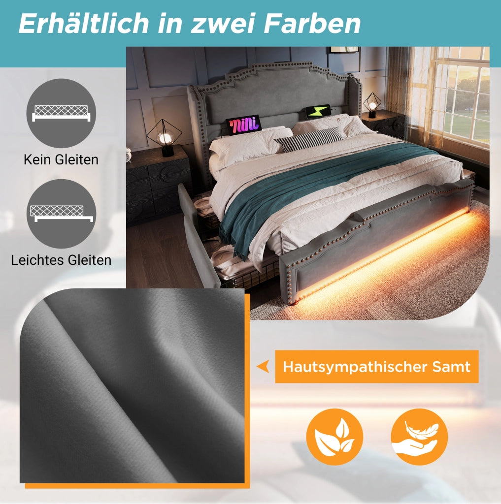 Letto matrimoniale 180x200 cm in velluto grigio con LED; USB e 4 cassetti