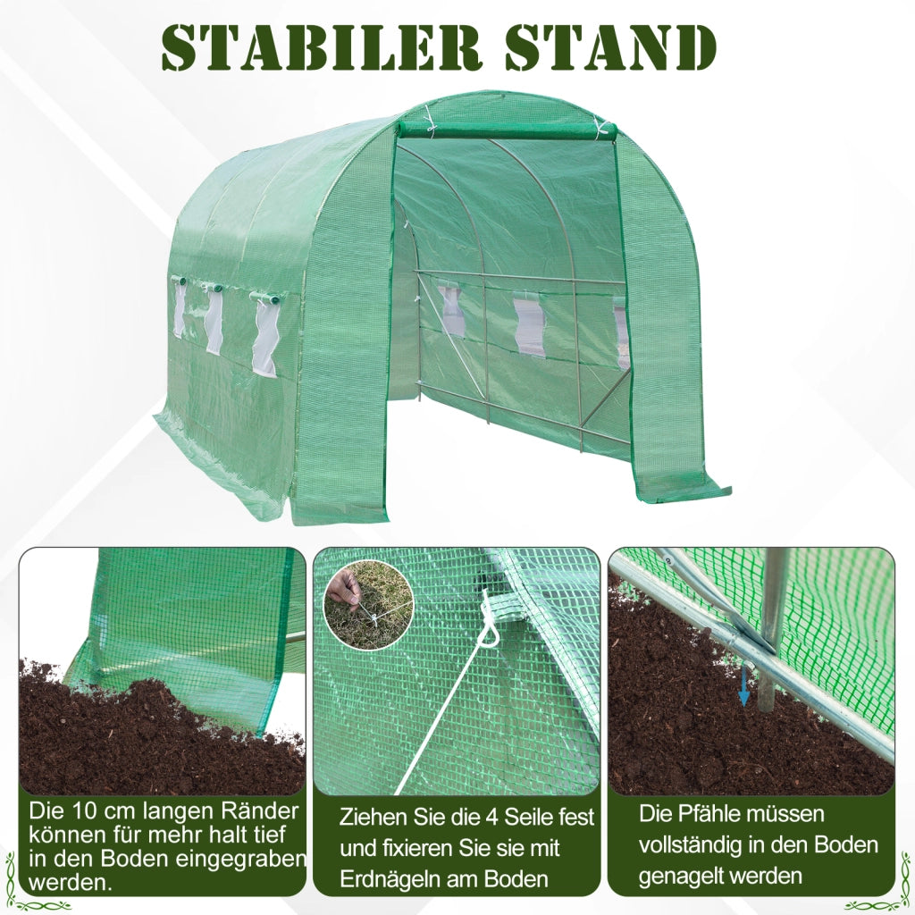 Serra da giardino 445x200x200cm con porta e 6 finestre ¨C Xylo ¨C Struttura acciaio zincato, telo PE verde