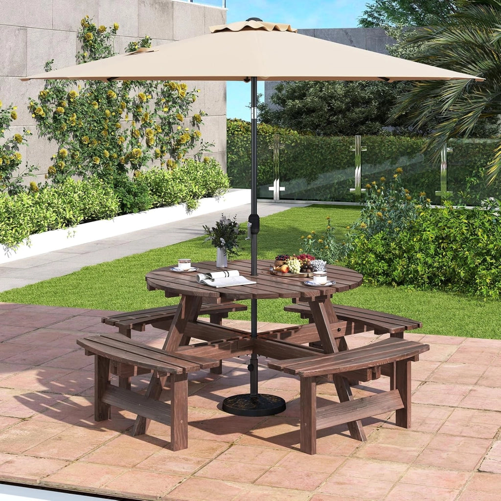 Tavolo da Picnic per 8 Persone con Foro per Ombrellone, Tavolo con Panche in Legno di Abete, Set da Giardino Esterno per Bar, Agriturismo, Sagra, Patio, Balcone, φ179 x 70 cm (Marrone)