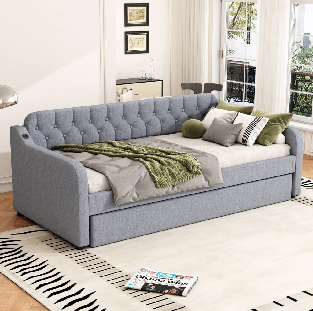 Divano letto estraibile 90x200 cm con USB, grigio