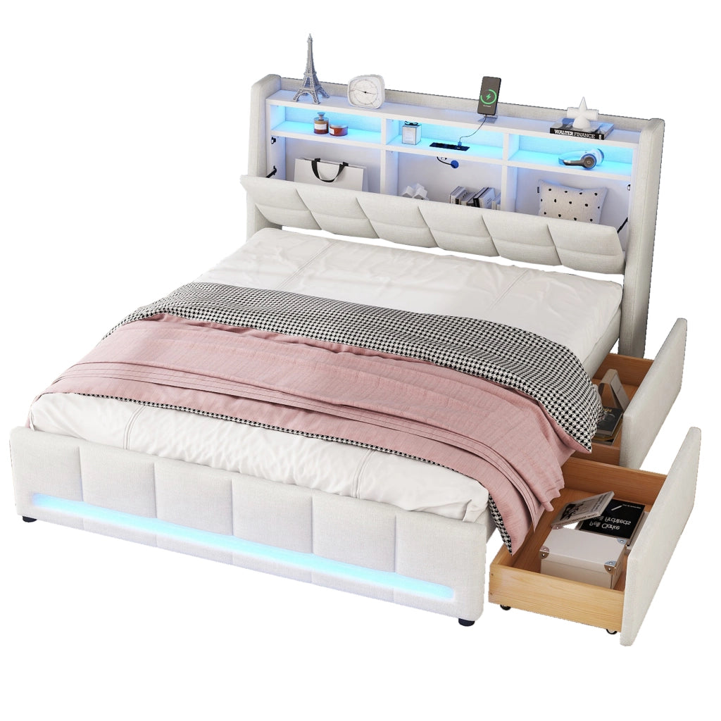 Letto con Cassetti Letto Matrimoniale; USB; LED Regolabile e Vano Contenitore 140×200 cm; senza Materasso
