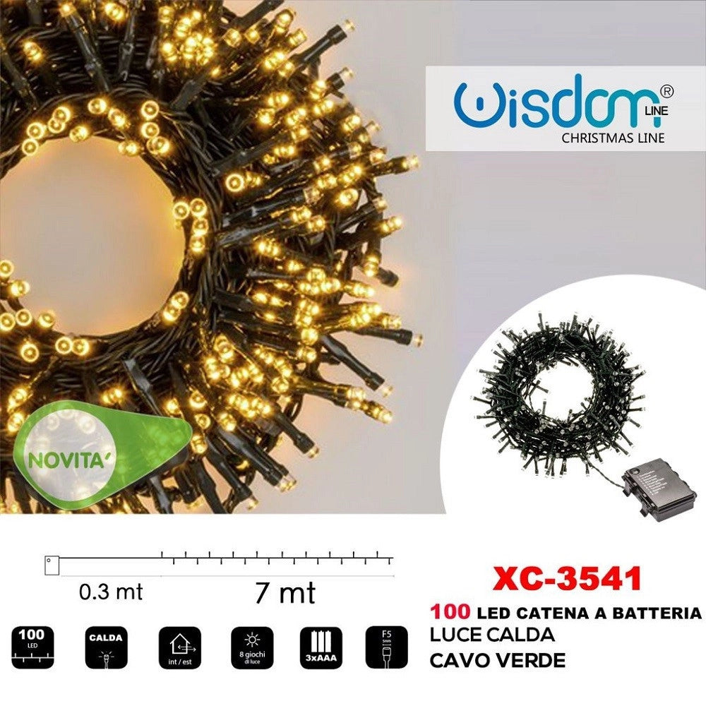 Trade Shop - Catena Luminosa 100 Led Lucciole Con Batteria Cavo Verde Luce Calda Ip44 Xc-3541 -