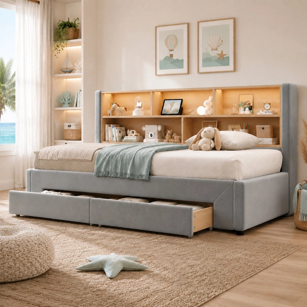 Letto daybed estraibile con cassetti, prese USB e Tipo-C, illuminazione LED, velluto grigio 90x200 cm