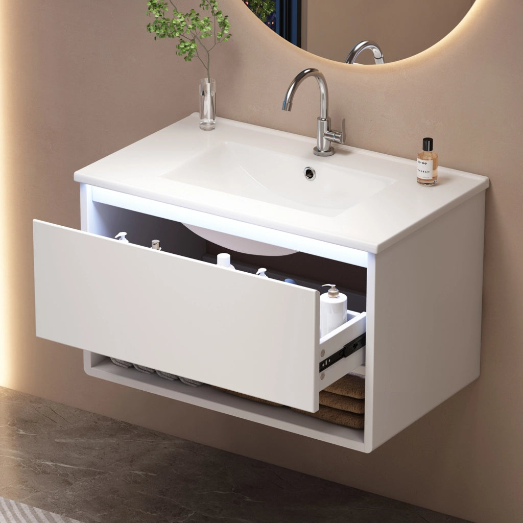 Mobile sottolavabo con LED, 1 cassetto e vano aperto, lavandino in ceramica, per bagno, bianco, 76.5 × 46 × 45 cm
