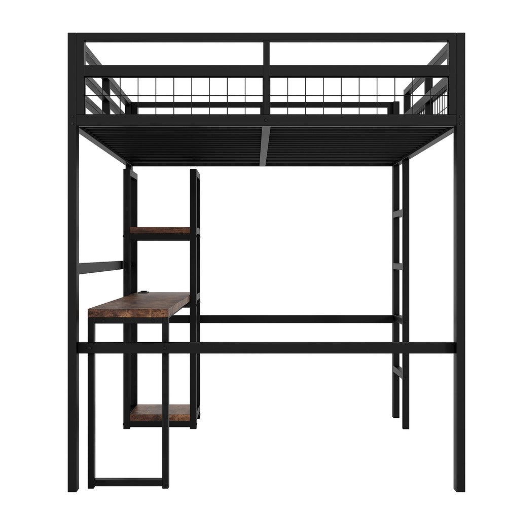 Letto a Soppalco con Scrivania e Prese USB ¨C MINIMAL ¨C Metallo Nero 140x200