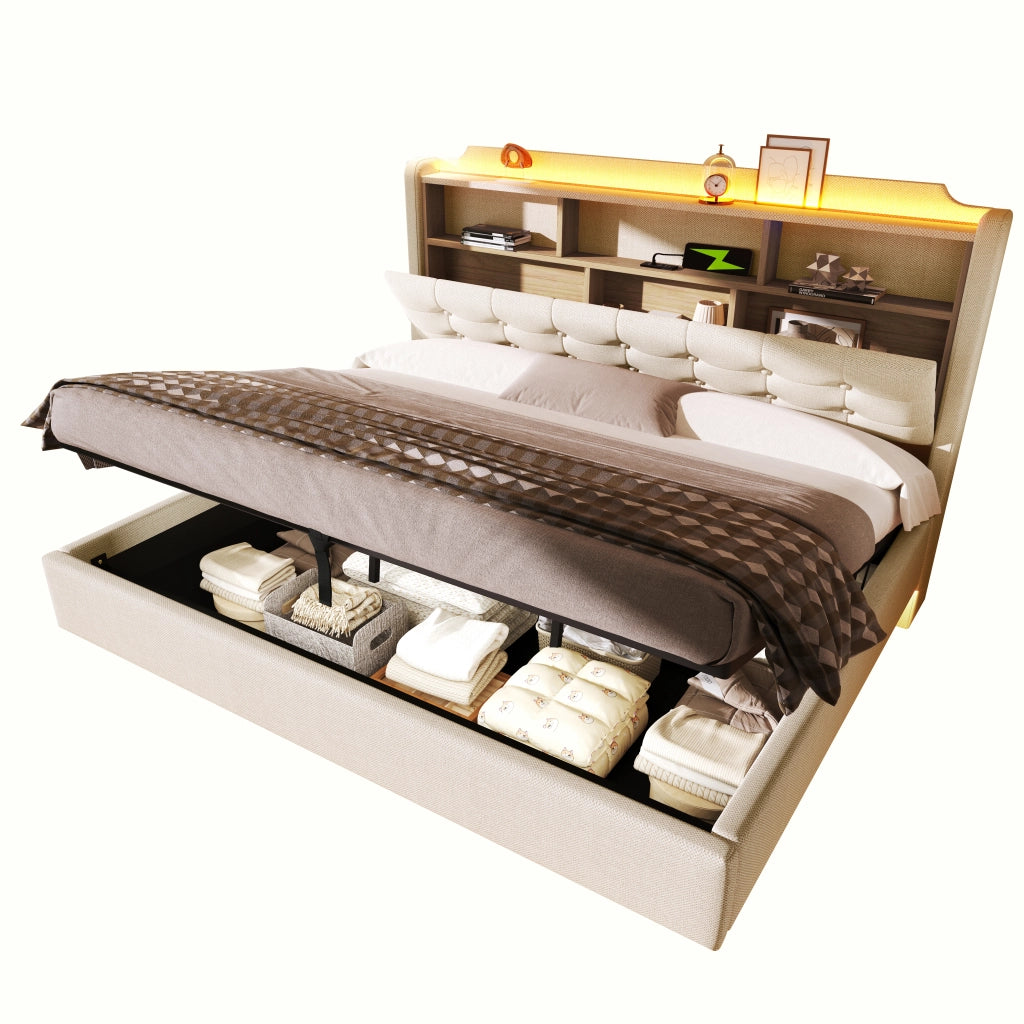 Letto imbottito con LED, contenitore idraulico e USB-C, 180x200 cm, lino beige