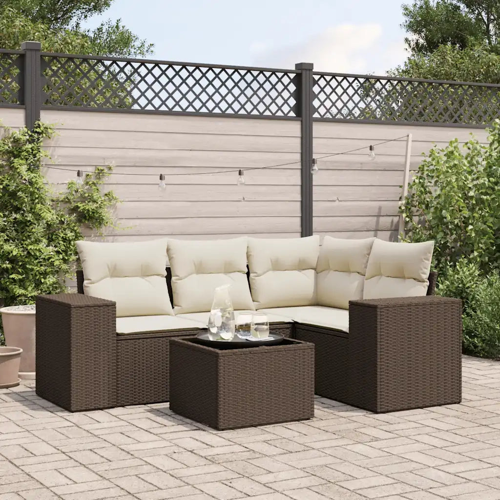 Set Divano da Giardino 5 pz | Set Salotto da Giardino con Cuscini Marrone in Polyrattan
