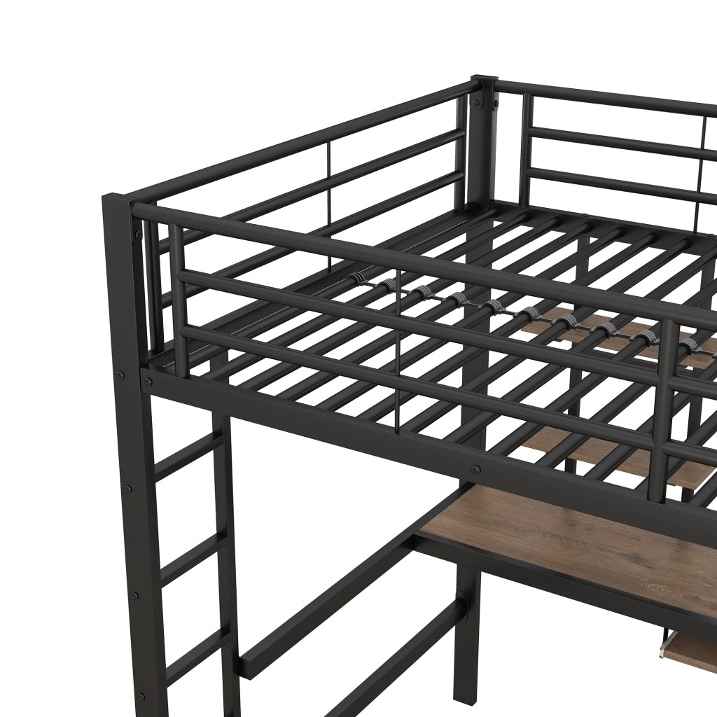 Letto a soppalco 140 × 200 cm con scrivania, 2 librerie e scala, senza materasso, in metallo, nero