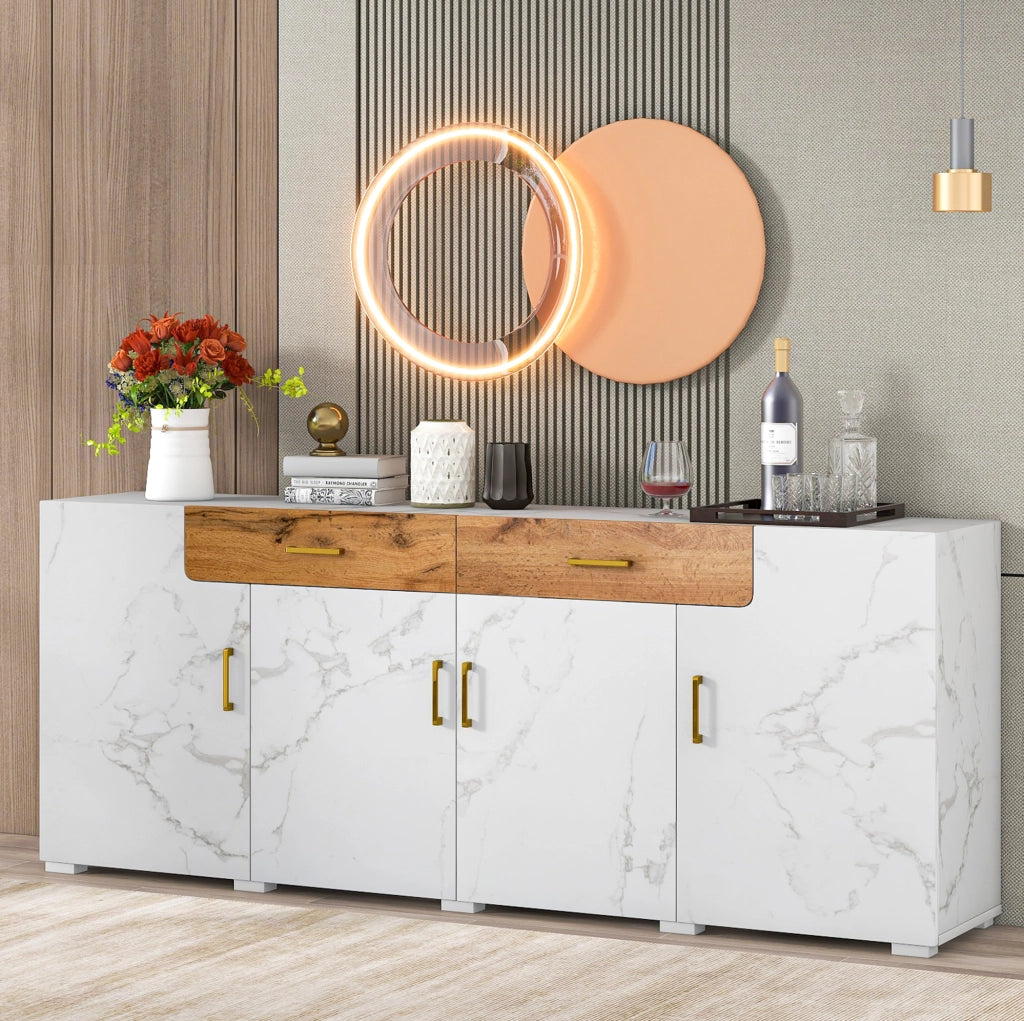Credenza moderna bianco marmorizzato 208 x 39;5 x 80 cm con 4 ante e 2 cassetti