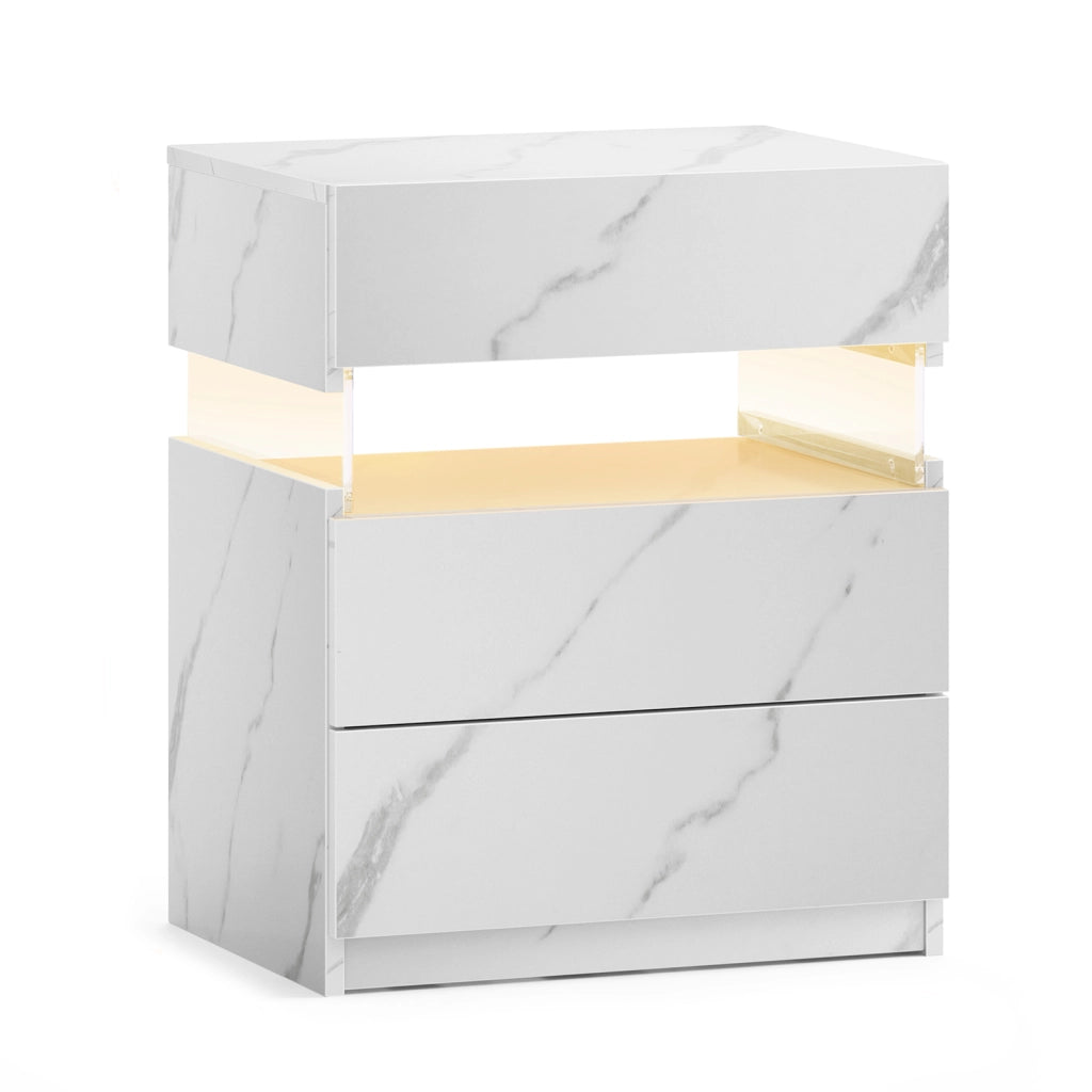 Comodino con luce LED e 3 cassetti in legno ingegnerizzato con pannello acrilico per camera da letto, bianco