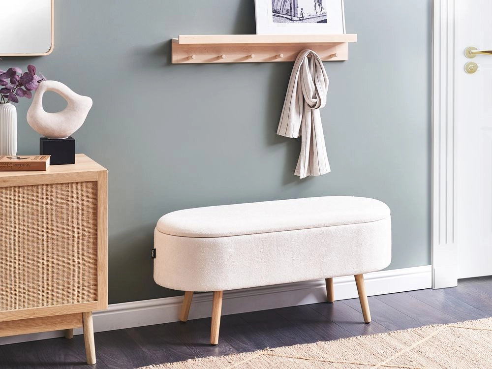 Panca da camera da letto con gambe in legno imbottite, bianco sporco, sedile per corridoio con portaoggetti