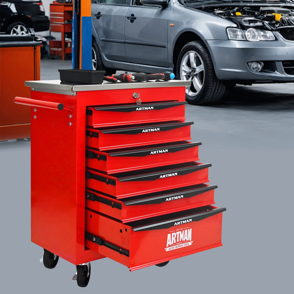 Carrello portautensili con 6 cassetti e ruote, chiudibile, in acciaio, per garage e officina, rosso nero, 62,5 × 34,5 × 78 cm