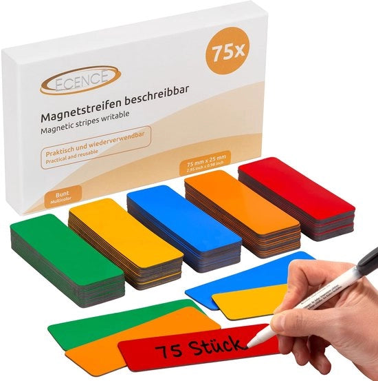 Strisce magnetiche descrittive, 75 pezzi - 75x25mm - lavabili pannelli magnetici - etichette magnetiche tagliabili per lavagne, frigoriferi, pannelli magnetici - colorate