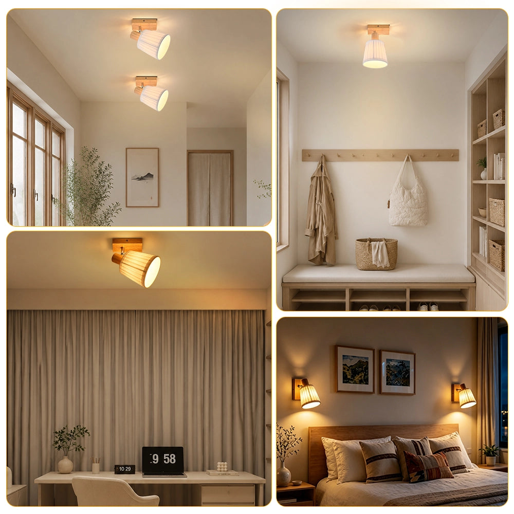 ZMH Faretto da soffitto 1 Luce Legno E14 Vintage Tessuto Retro per Cucina Camera Soggiorno Senza Lampadina