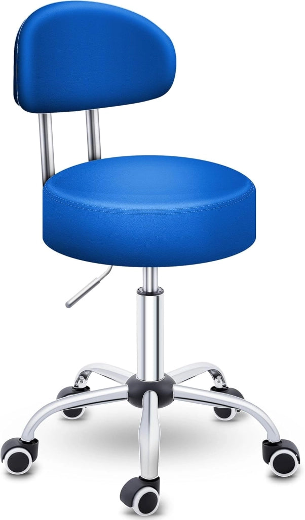 Sgabello con ruote con schienale blu, altezza regolabile da 46 a 58 cm, con ruote, sgabello girevole per cosmetici
