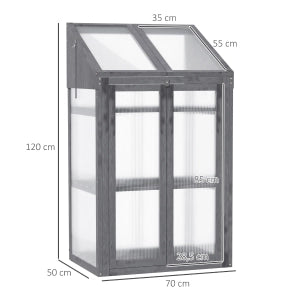 Mini serra da giardino grigia con 3 ripiani, 70 x 50 x 120 cm, struttura in legno di abete e pannelli in plastica