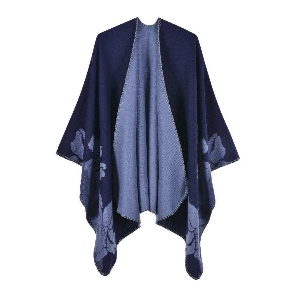 Nuovo scialle/mantella in jacquard di cashmere alla moda con spacchi, spesso e ampio, da donna.