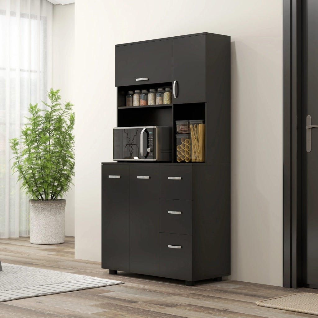 Armadio Cucina 4 Ante 3 Cassetti Ripiano ¨C Zephmum ¨C Nero 89x39.5x168 cm