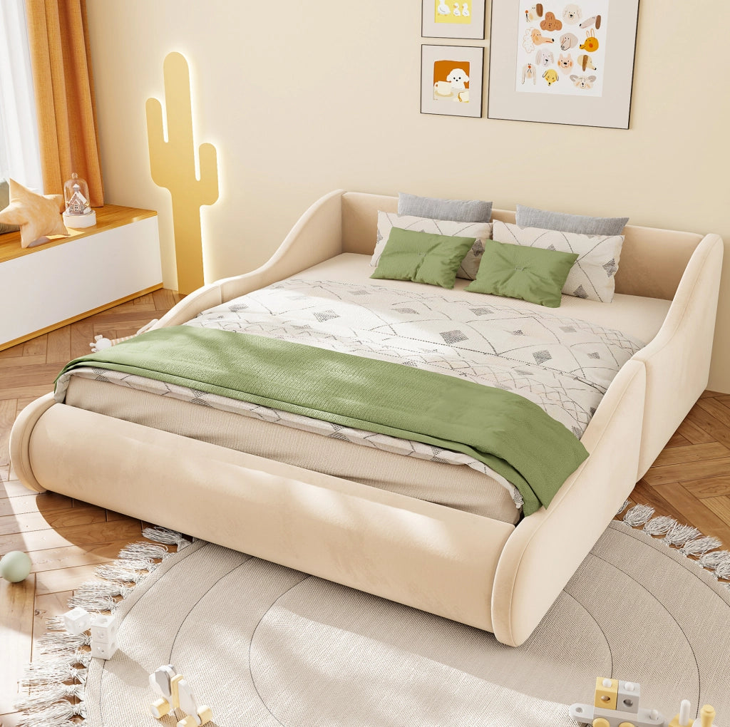 Letto per bambini imbottito 140x200 cm con testiera alta e sponde; beige
