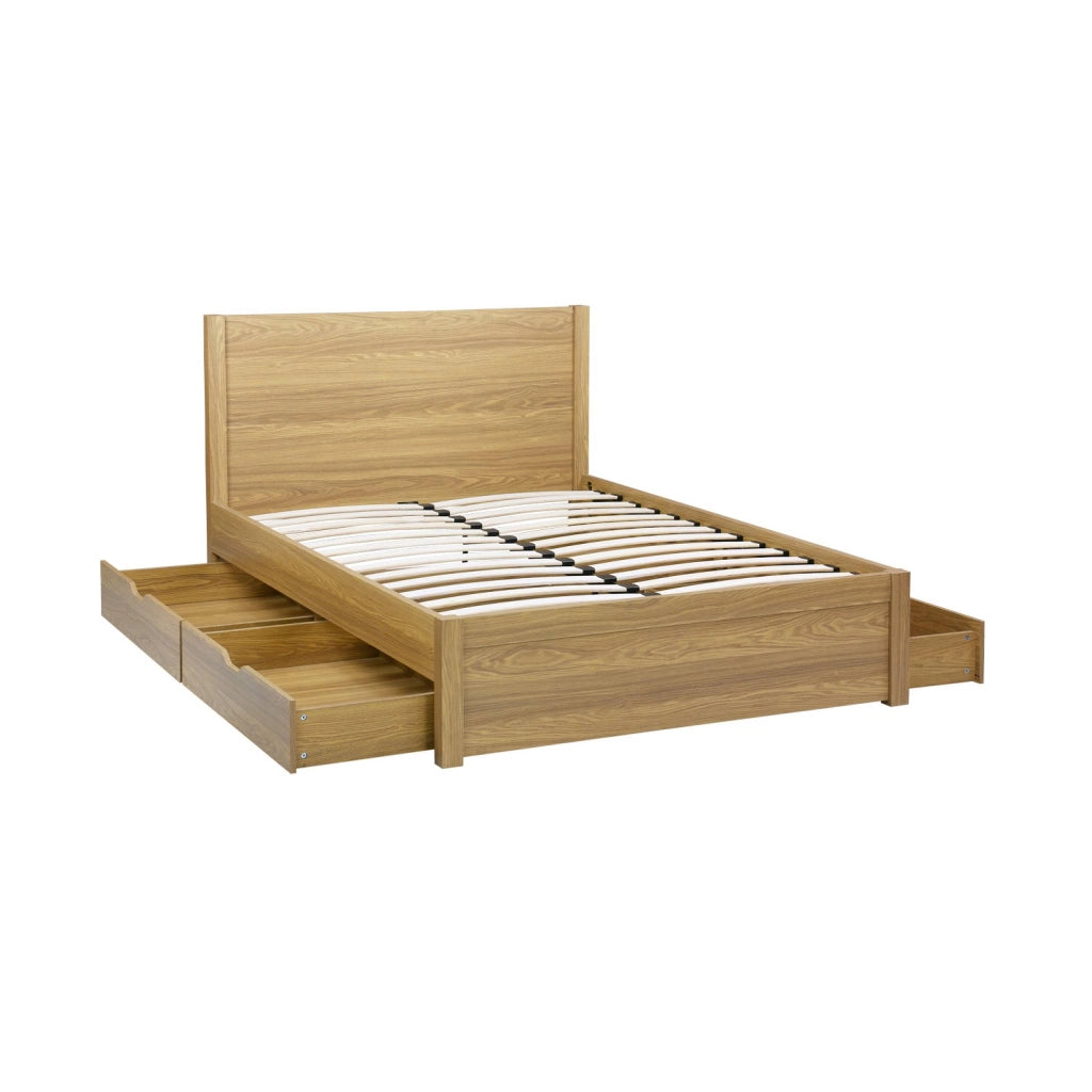 Letto con rete a doghe e testiera 140x190cm + 4 cassetti, marrone