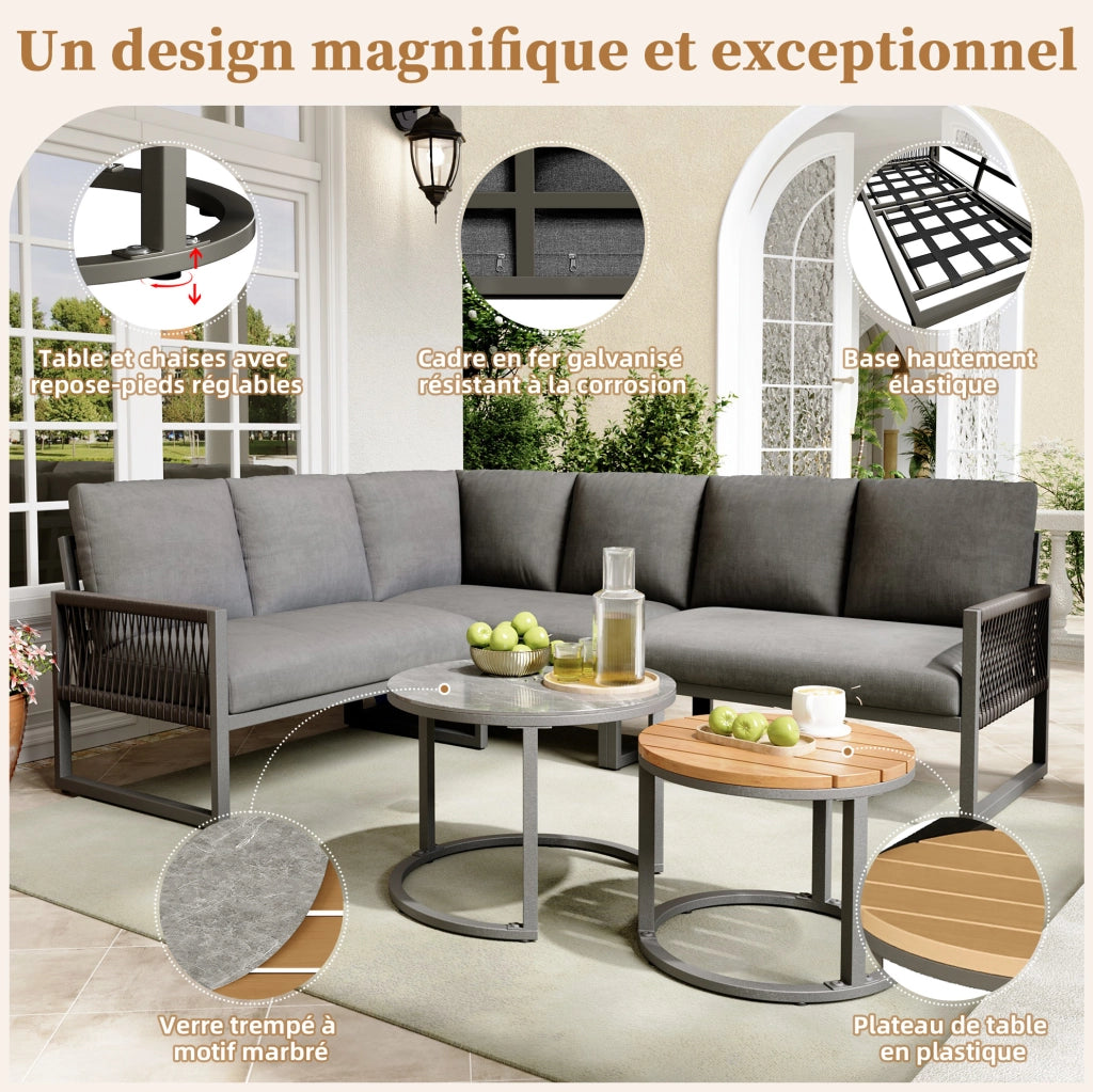 Set lounge da giardino con 3 divani e 2 tavolini; struttura in metallo e poliestere grigio