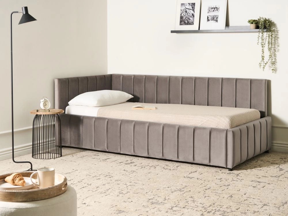Letto 90 x 200 cm in velluto tortora imbottito elegante rete a doghe gambe in legno