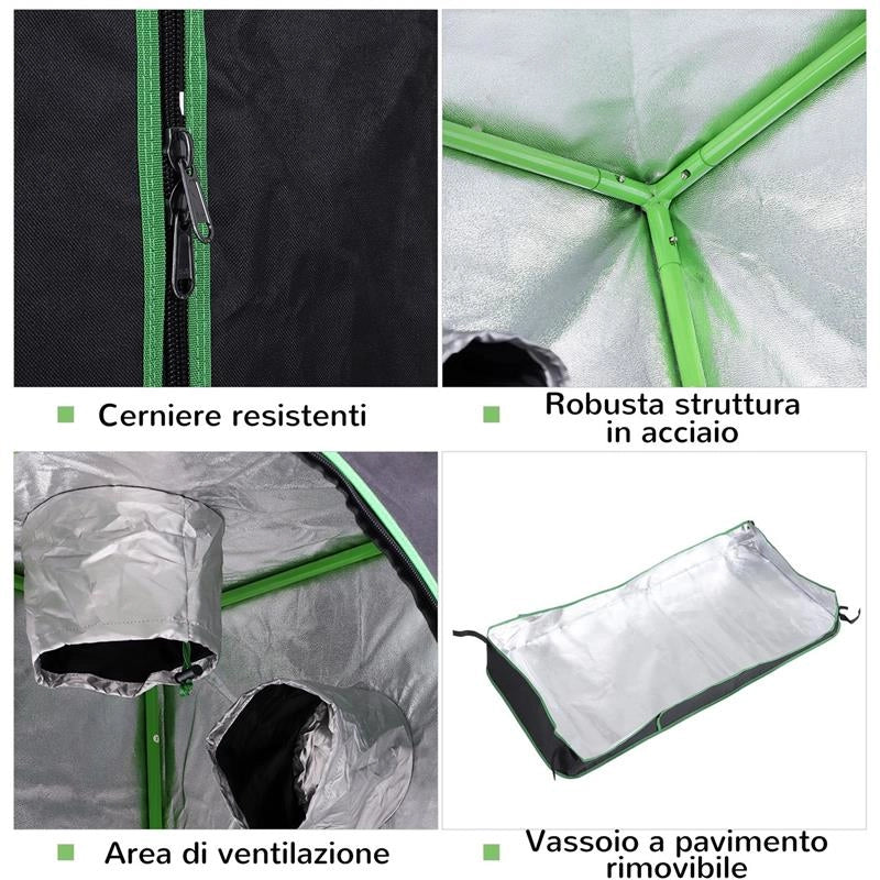 SERRA IDROPONICA IN MYLAR CON PRESE D'ARIA REGOLABILI PER COLTIVAZIONE DA INTERNO 120X60X150 CM NERO