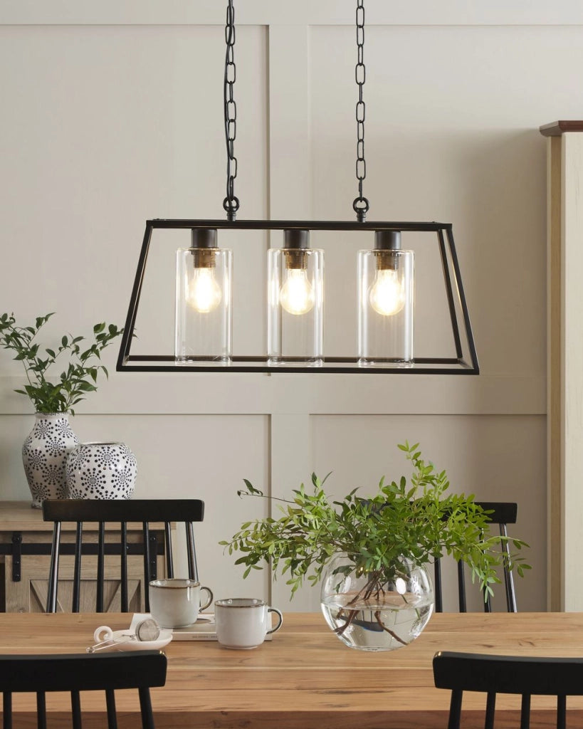 Lampada a Sospensione in Metallo Nero 117 cm Cornice Gabbia 3 Paralumi Cilindrici in Vetro Plafoniera