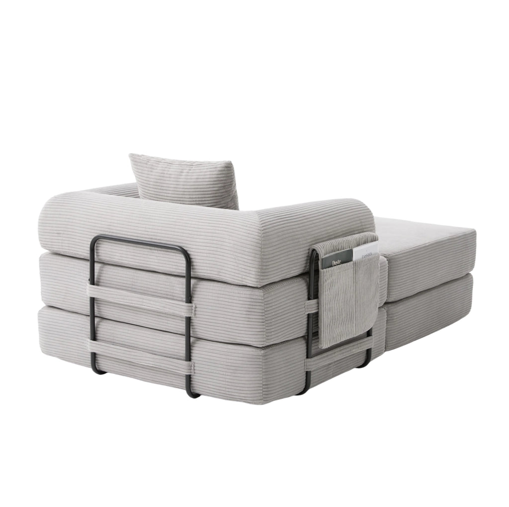 Divano modulare in velluto a coste grigio chiaro con pouf; 112x190x67 cm; senza montaggio