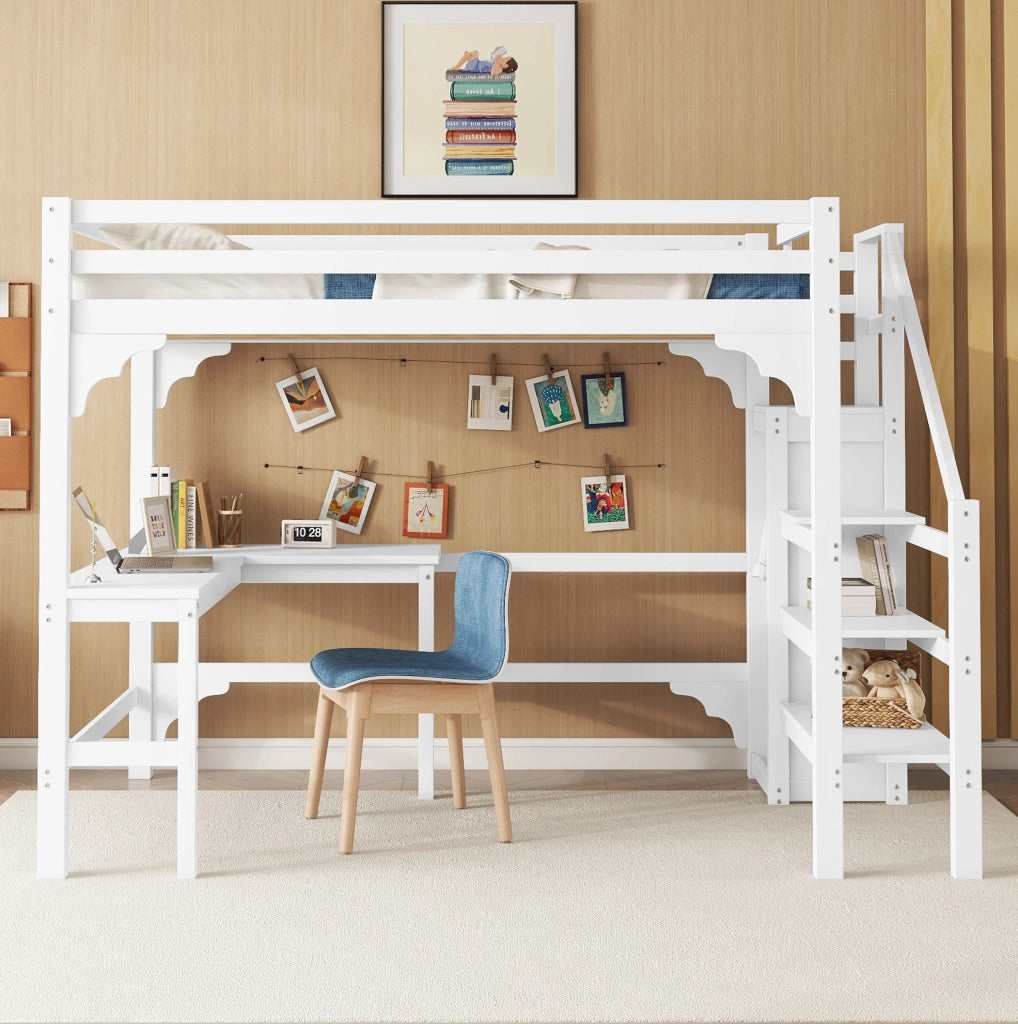 Letto a soppalco 140x200 cm con scrivania ad L e guardaroba aperto in pino bianco