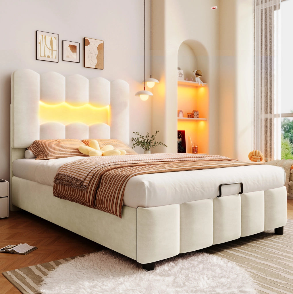 Letto imbottito 90 x 200 cm con contenitore idraulico e testiera regolabile