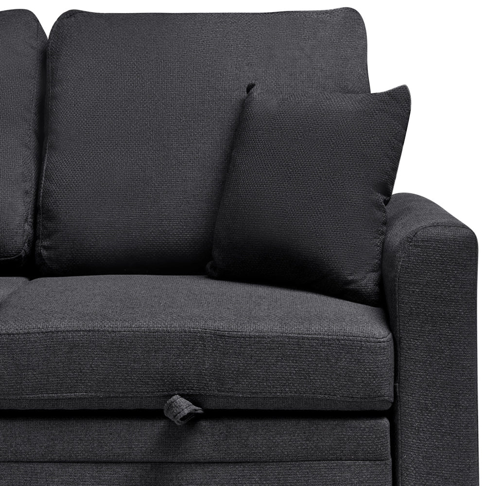 Divano letto angolare con contenitore lato destro nero rivestimento in poliestere effetto lino contenitore cuscini design moderno