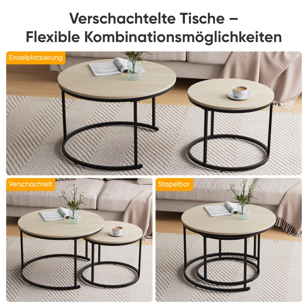 Tavolini bassi impilabili con 2 tavoli rotondi, stile moderno, in metallo e legno ingegnerizzato, rovere e nero