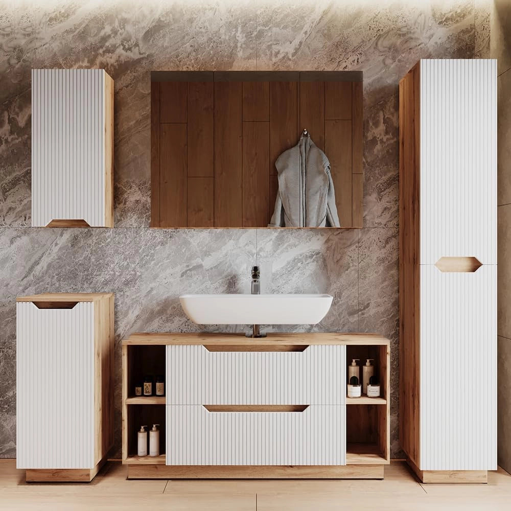 Set di mobili da bagno Lotta, Rovere/bianco a strisce, 5 parti