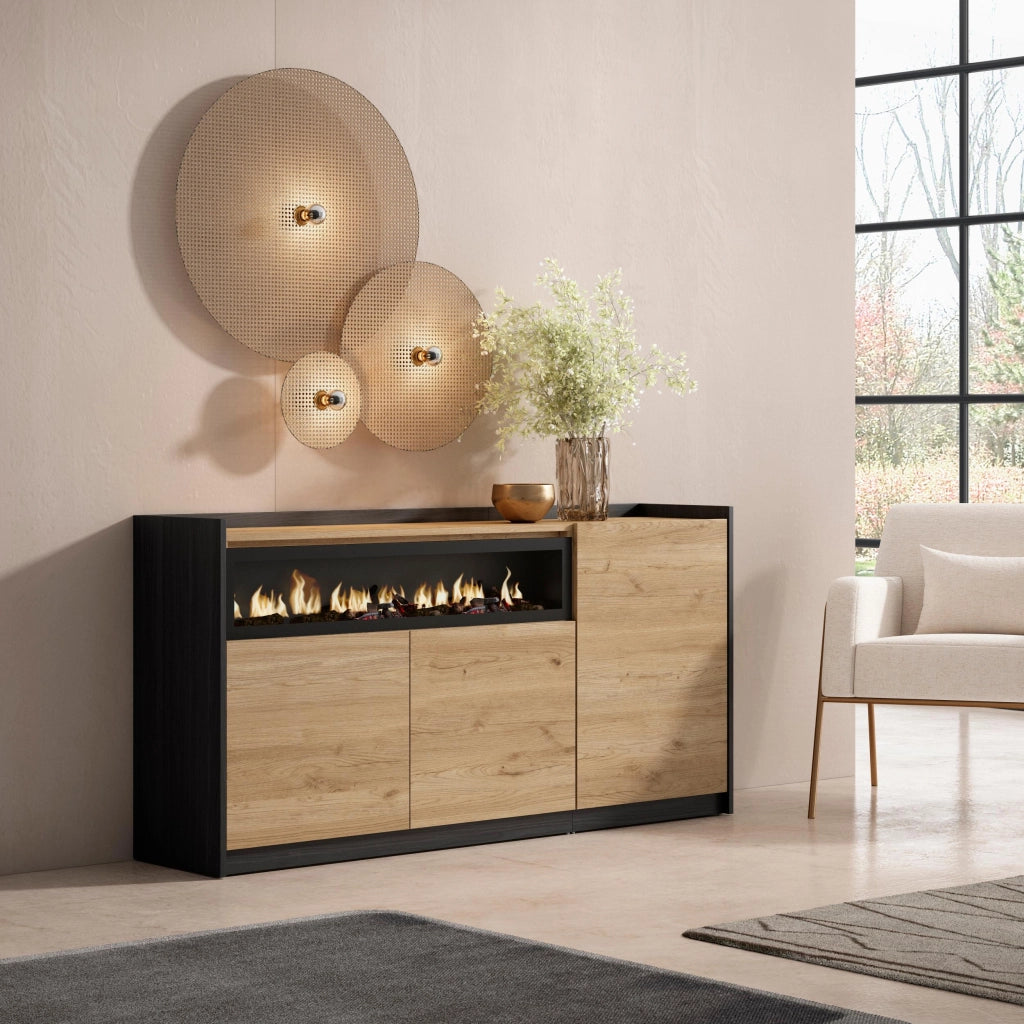 Credenza, Mobile, Cucina, 156x80x37 cm, 3 Porte, Camino elettrico, Rovere e nero