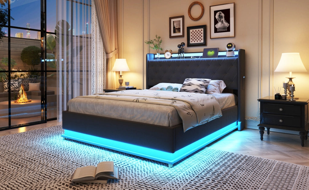 DESMIU Letto contenitore 140 × 200 cm 2 posti con LED, USB e vano idraulico, senza materasso, grigio