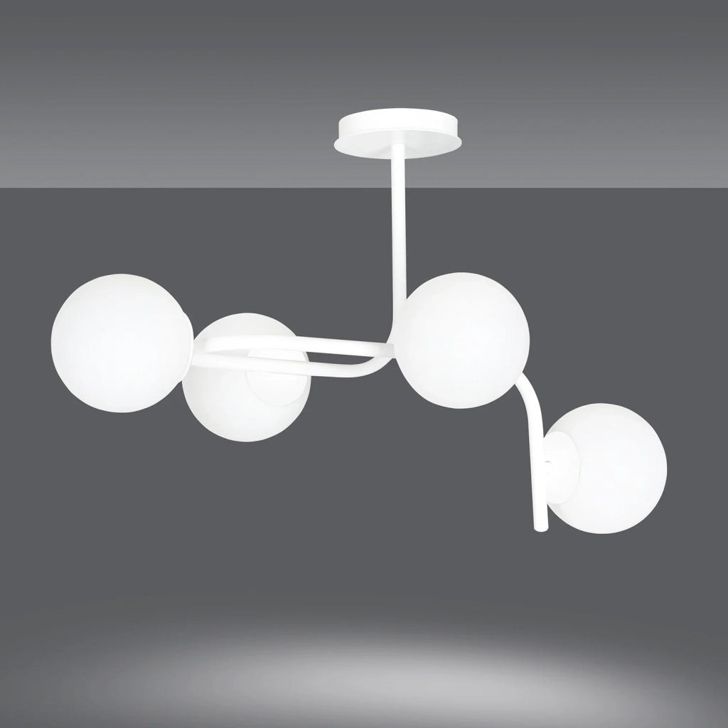 Lampadario 4 Luci Rama In Acciaio Bianco A Bracci Curvi E Sfere In Vetro Opalino