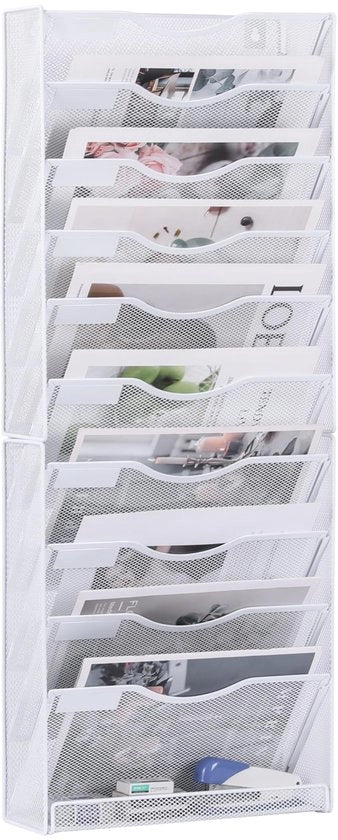Organizzatore per ufficio, 10 compartimenti, contenitore metallico per documenti A4, sospensione per riviste, dossier, documenti, volantini, organizzatore appeso, base per brochure, bianco