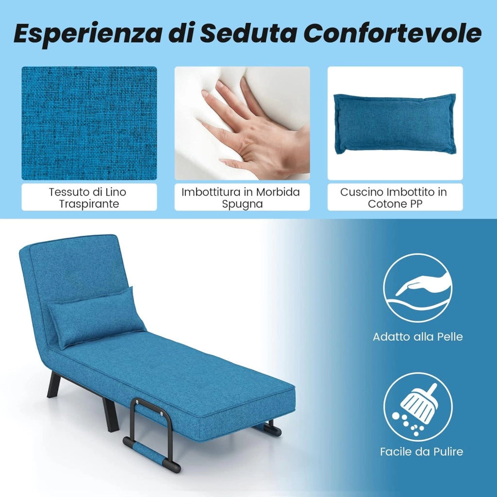Poltrona Letto, 4 in 1 Poltroncina Pieghevole con Schienale Regolabile in 6 Posizioni, Sedile Imbottito Robusto, Divano Letto Singolo per Casa Ufficio, 79x65x79 cm (Blu)